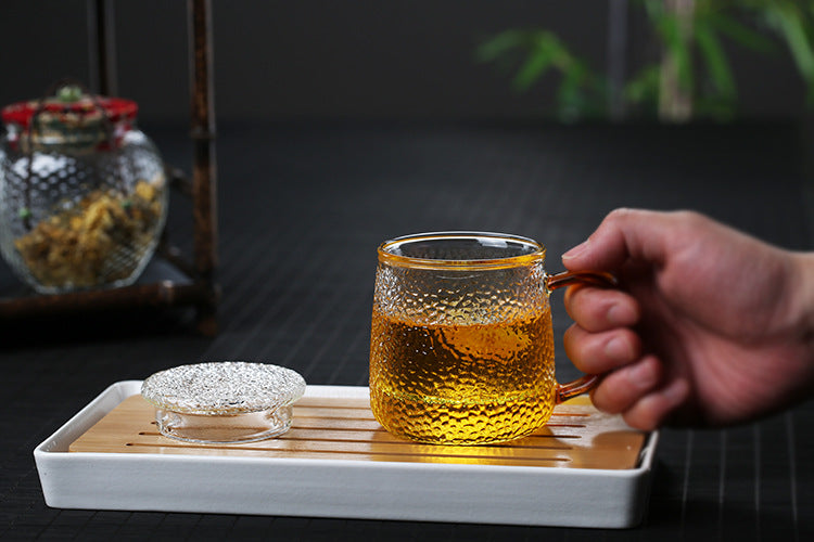 Hammered Glass Tea Cup with Infuser and Lid | Gold Handle | The Tea Source MNL