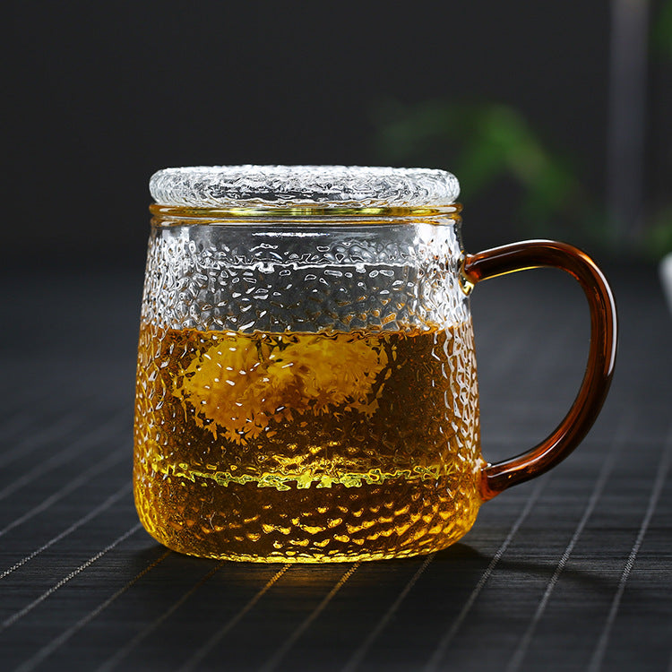 Hammered Glass Tea Cup with Infuser and Lid | Gold Handle | The Tea Source MNL